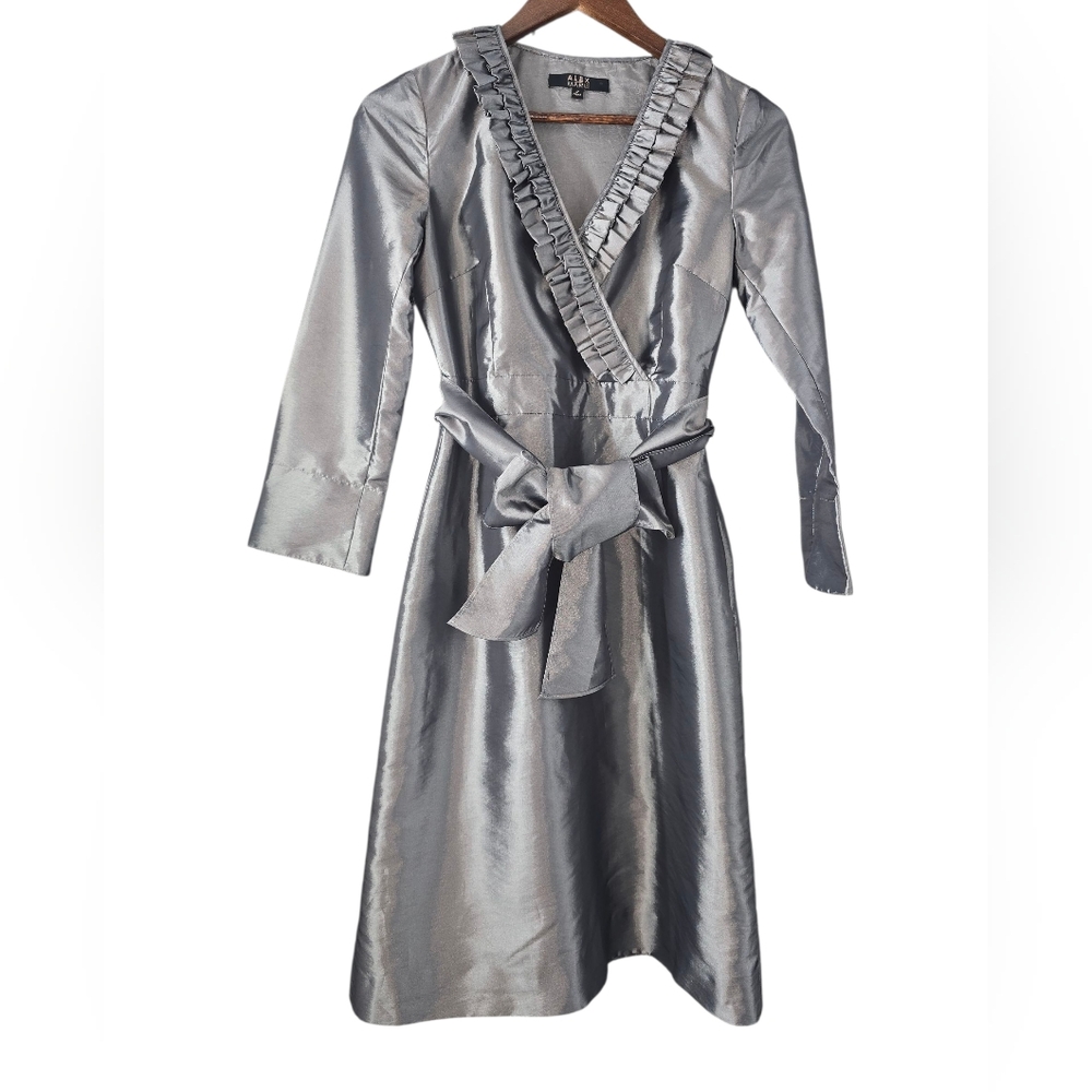 Alex Marie Wanda Slate Silver Boho Shantung Ruffled Socail Dress Size 2